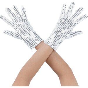 Women's White Sparkly Sequin Full Finger Sleeves Wrist Gloves Banquet Party Prom